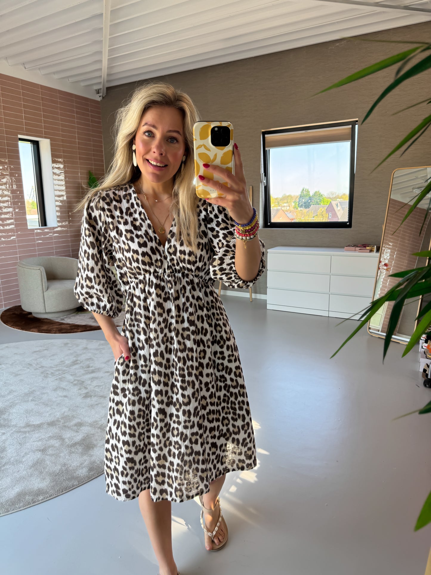 Nura Korte Jurk Panter Bruin Ecru one size