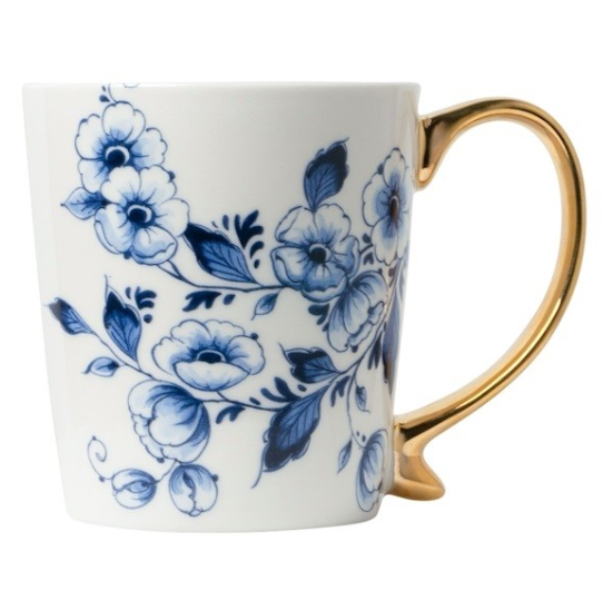 Heinen delftsblauw mok bloemen goud
