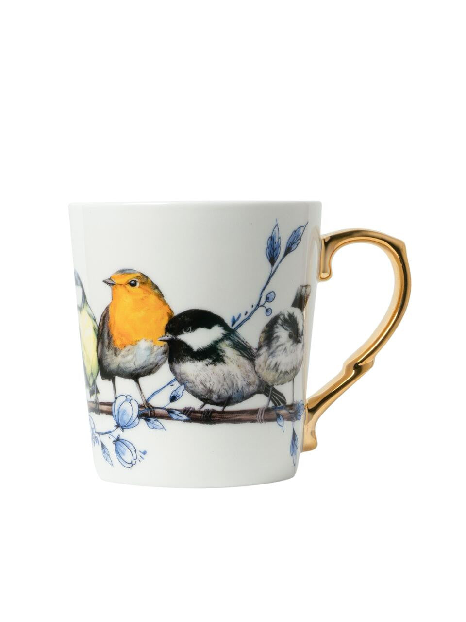 Heinen delftsblauw mok bosvogels goud