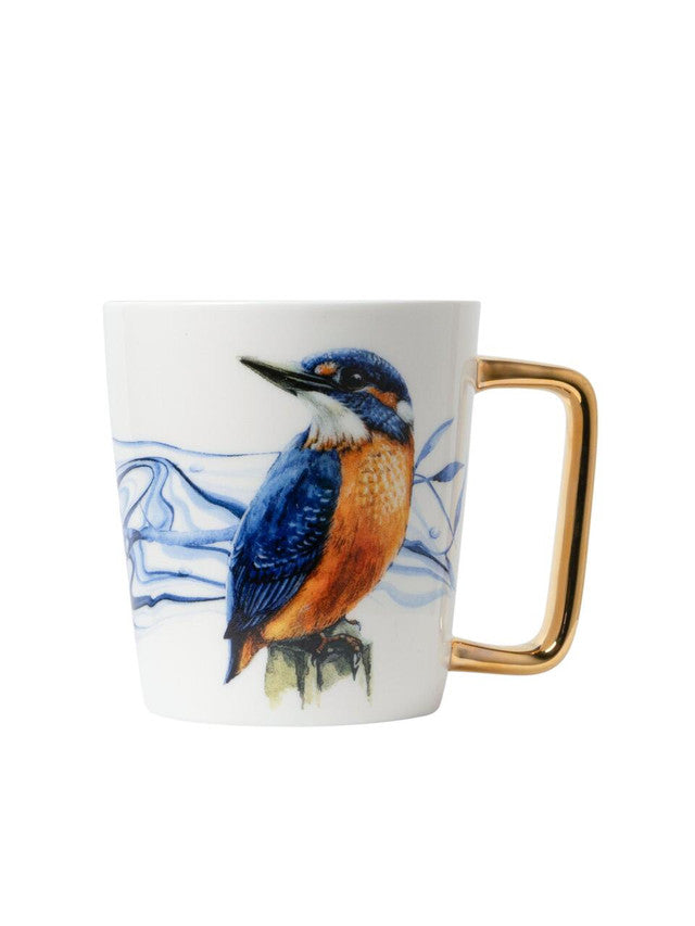 Heinen delftsblauw mok ijsvogel goud