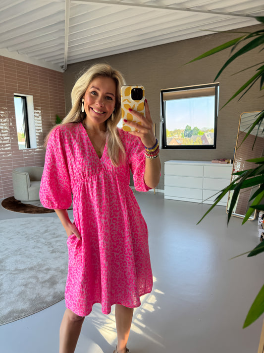Senne Korte Jurk Panter Fuchsia one size