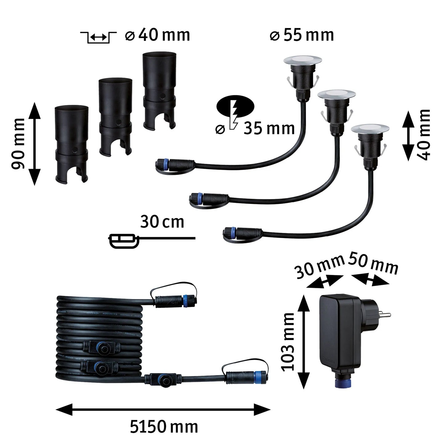Plug & Shine LED-grondinbouwlamp Floor Mini Basisset IP67 3000K 3x2,5W 21VA Zilver