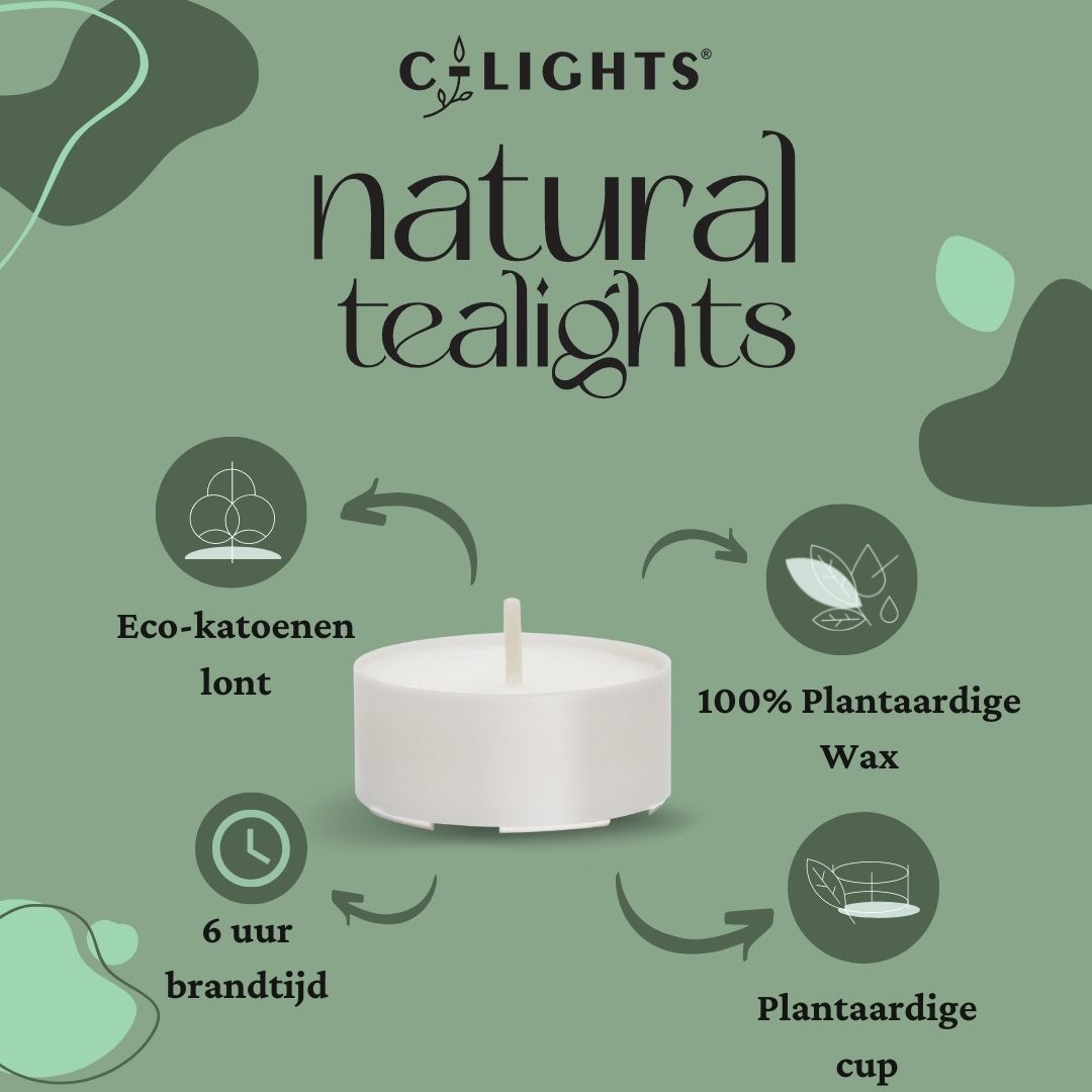 C-lights natuurlijke theelichten | 100 stuks | Vegan | 6 branduren