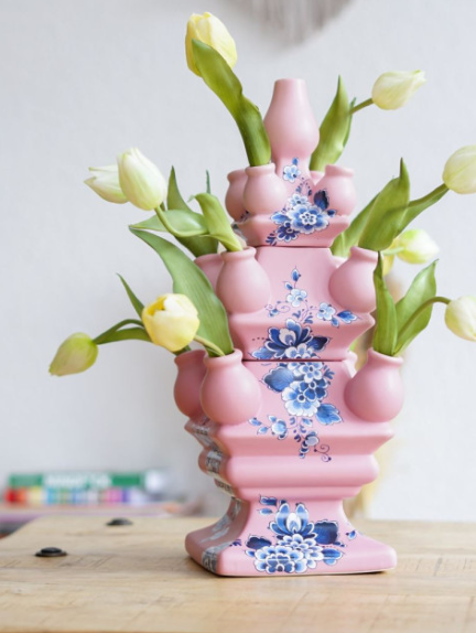 Heinen stapelvaas roze bloem top